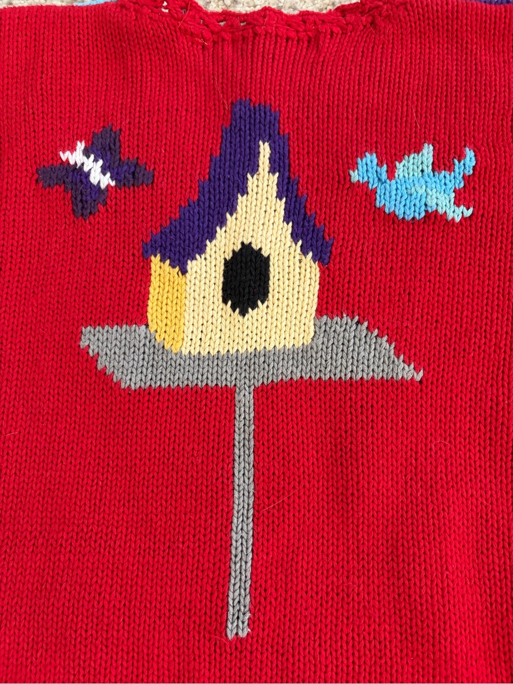 Vtg Karen Scott Hand Knit Sweater Spring Cardinal Bird Flowers Birdhouse Sz L - Picture 3 of 12